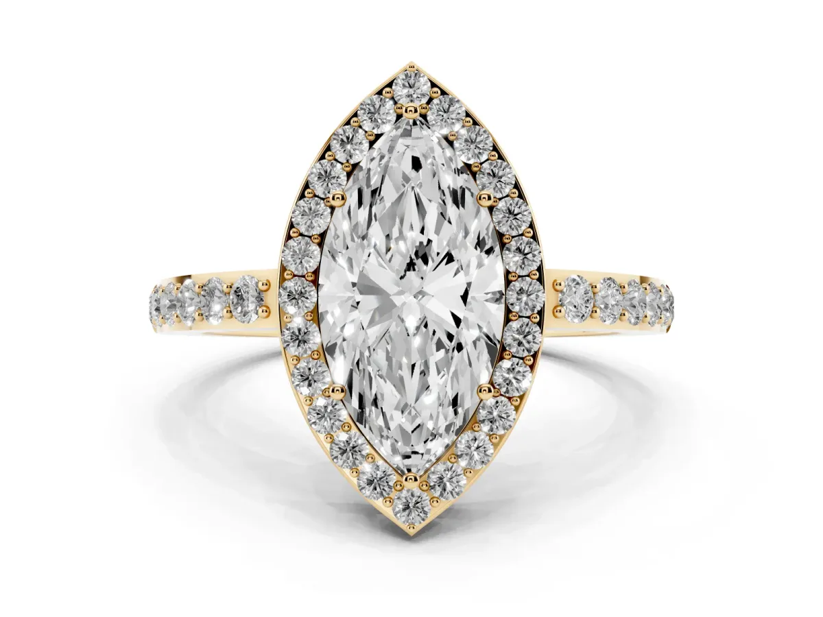 Marquise Cut Halo Diamond Pavé Band Ring with Prong Setting Yellow gold