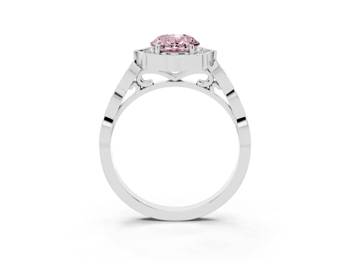 Fancy Pink Oval Cut Halo Diamond Engagement Ring with Milgrain Band and Four-Prong Setting Platinum
