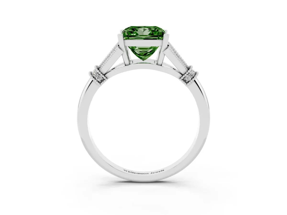 Fancy Green Princess Cut Diamond Solitaire Ring with Floral Filigree and Pave Accents White gold