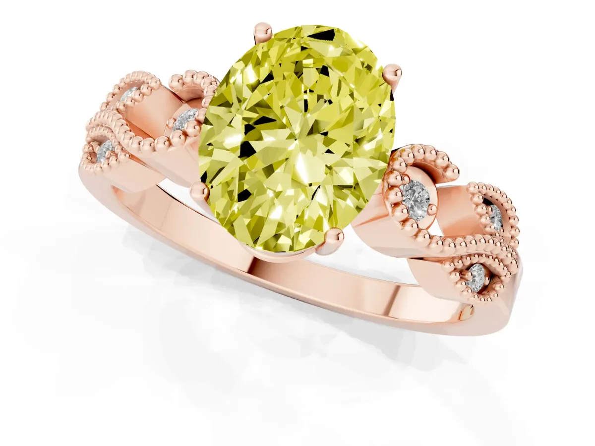 Fancy Yellow Oval Cut Solitaire Milgrain Leaf Band with Prong Setting Rose gold