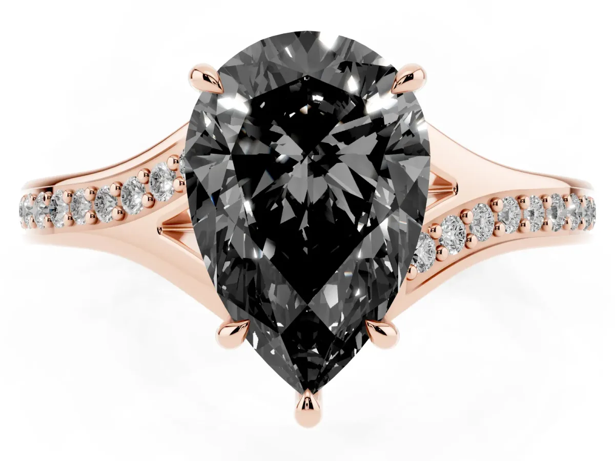 Fancy Black Pear Cut Diamond Solitaire Ring with Pavé Band and Prong Setting Rose gold