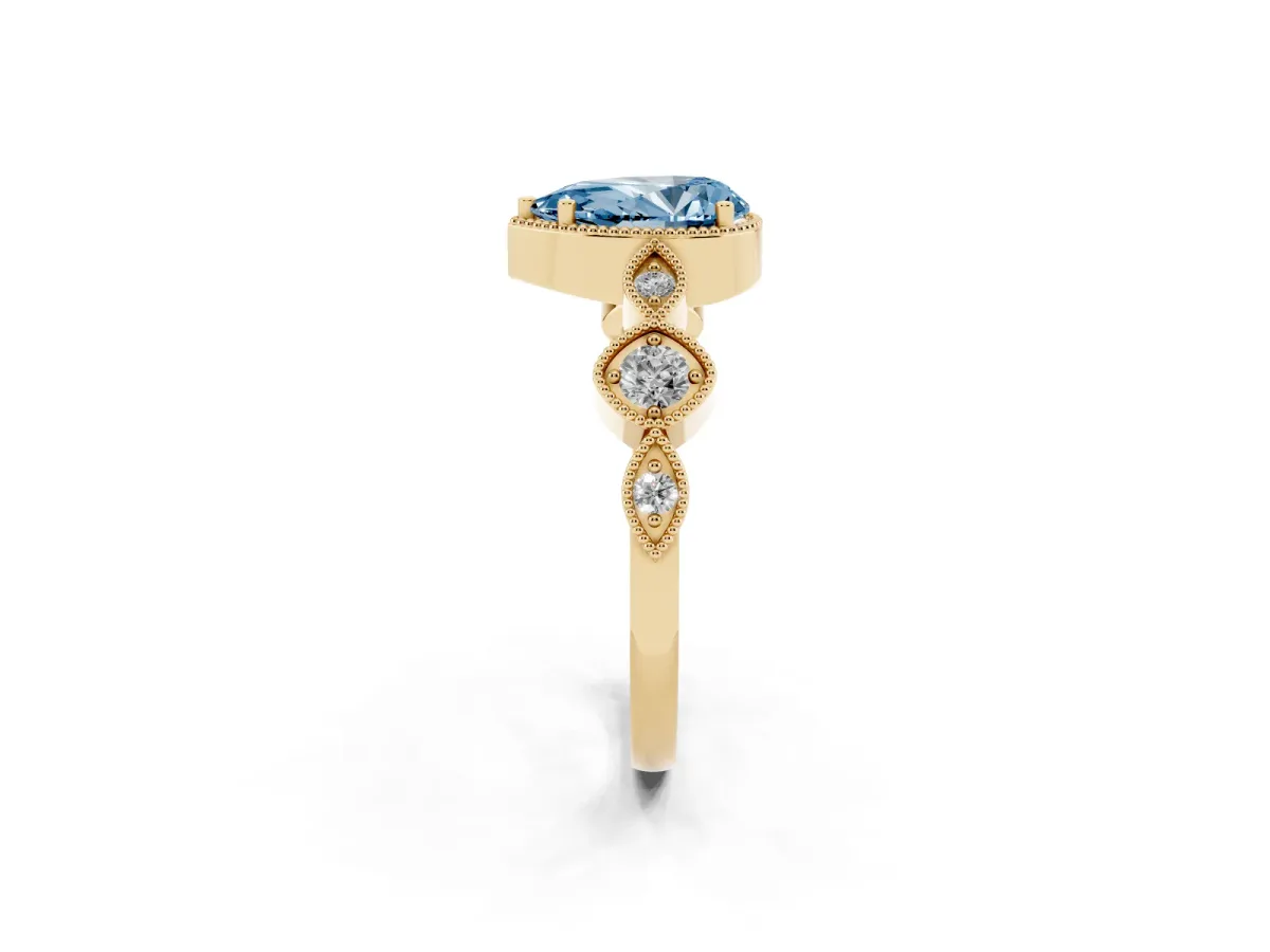 Fancy Blue Pear Cut Diamond Vintage Milgrain Ring with Round Stations Yellow gold