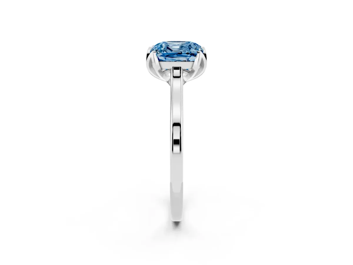 Fancy Blue Cushion Cut Diamond Solitaire Ring with Flower Prong Setting and Classic Band Silver