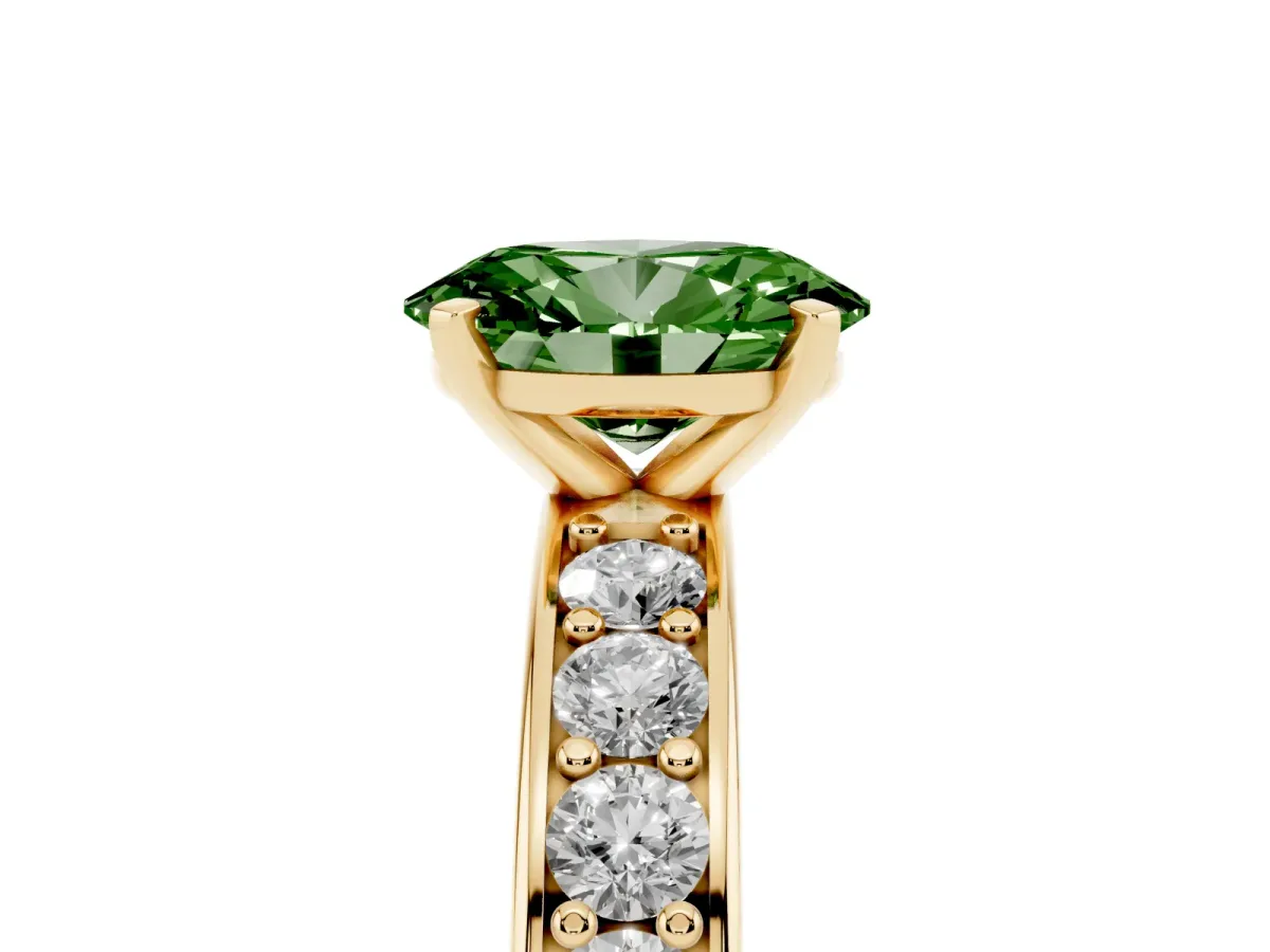 Fancy Green Oval Cut Diamond Engagement Ring with Channel Set Round Band and Prong Setting Yellow gold