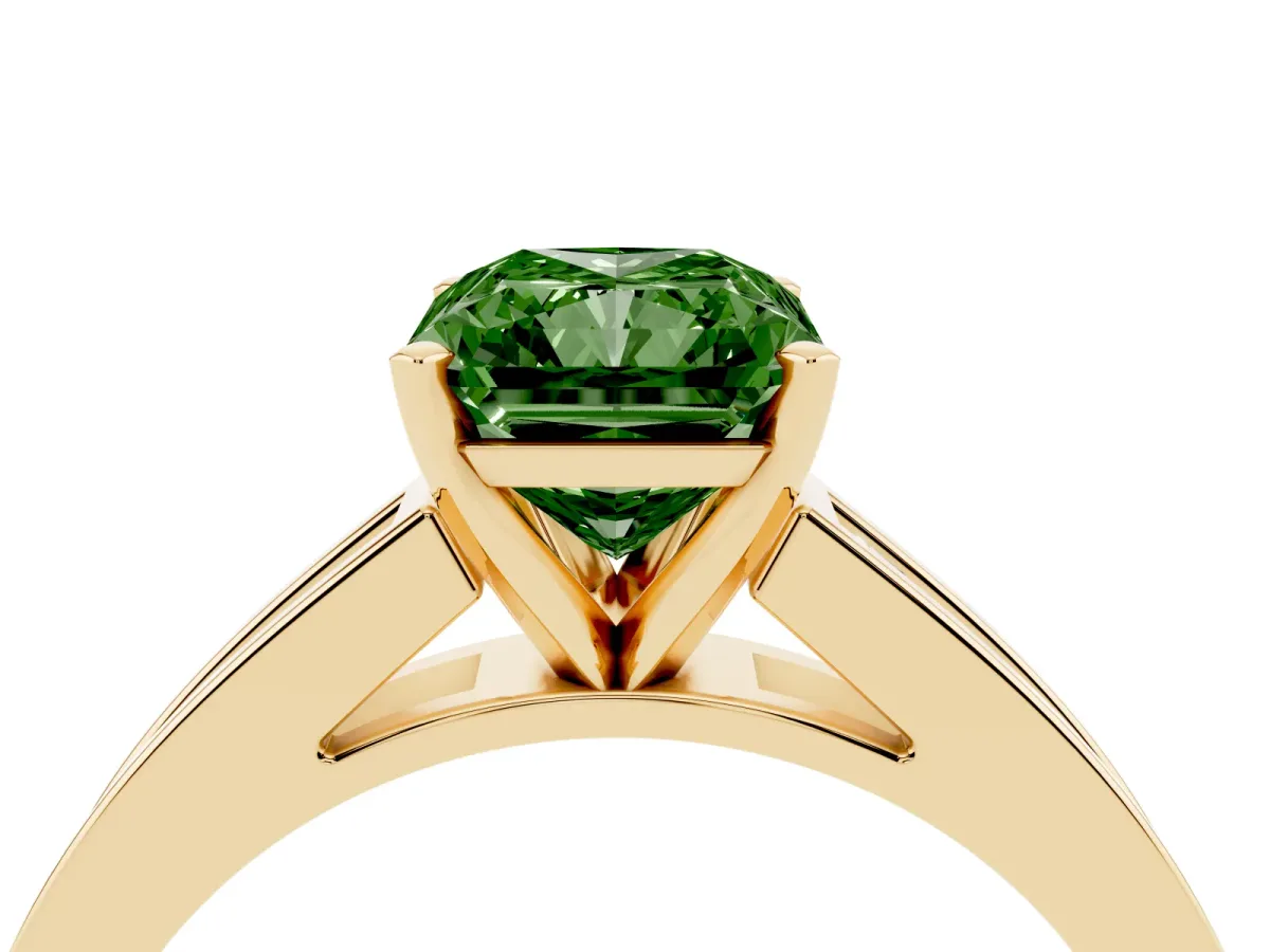 Fancy Green Radiant Cut Solitaire Diamond Ring with Channel-Set Band and Four-Prong Setting Yellow gold