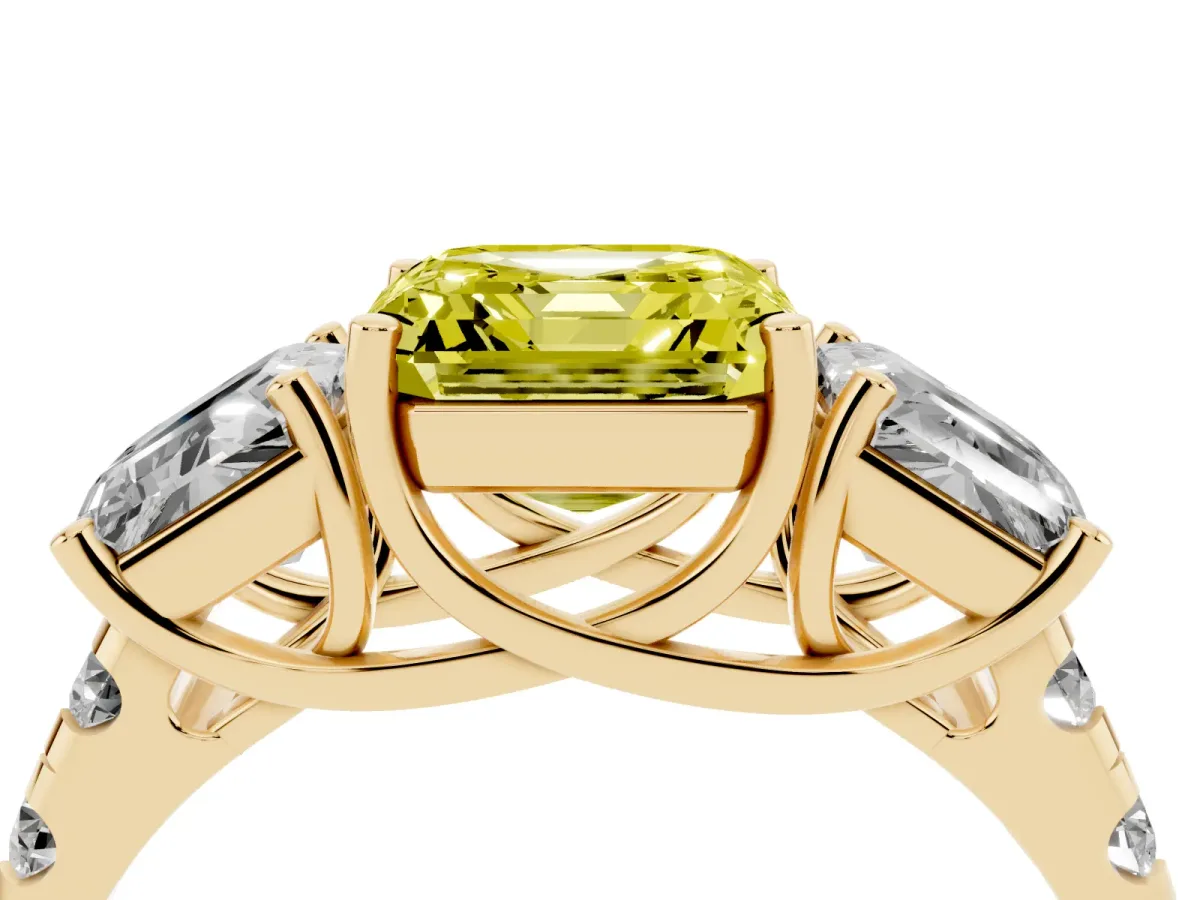 Fancy Yellow Three-Stone Asscher Cut Diamond Pavé Band with Prong Setting Yellow gold