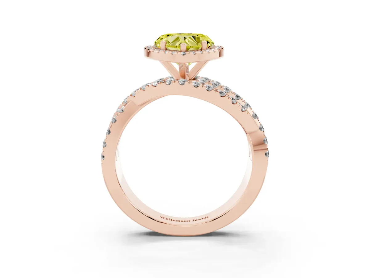 Fancy Yellow Heart Cut Diamond Halo Ring with Round Split Shank and Prong Setting Rose gold