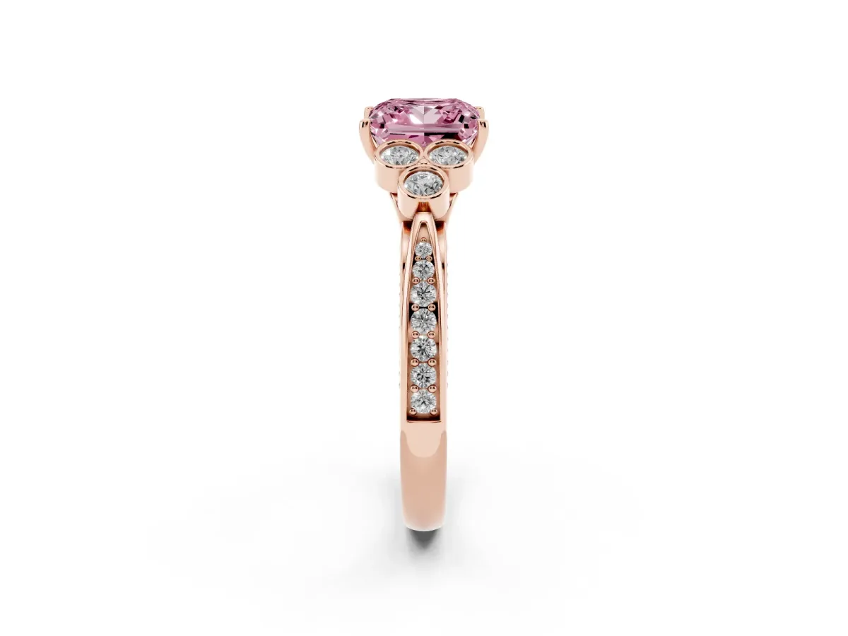 Fancy Pink Princess Cut Cut Diamond Engagement Ring with Bezel Set Round Side Stones and Prong Setting Rose gold