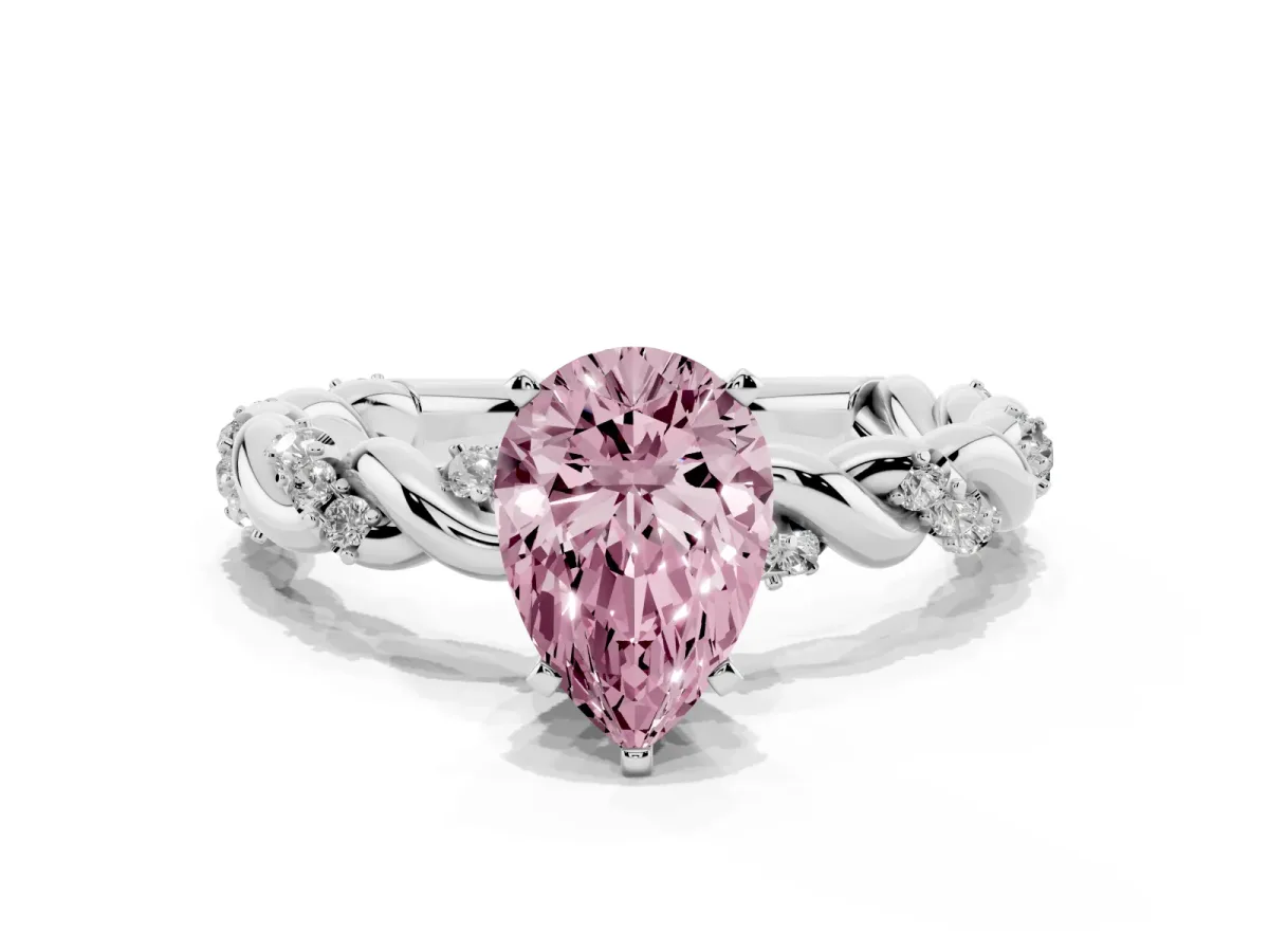 Fancy Pink Pear Cut Diamond Solitaire Ring with Twisted Band and Pavé Accents Platinum