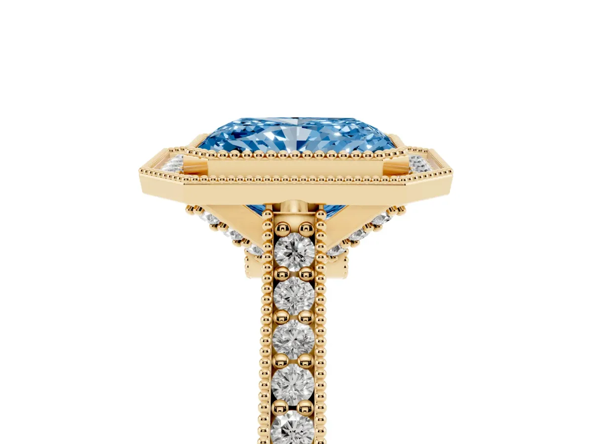 Fancy Blue Halo Radiant Cut-Cut Diamond Pave Band Milgrain Prong Setting Ring Yellow gold