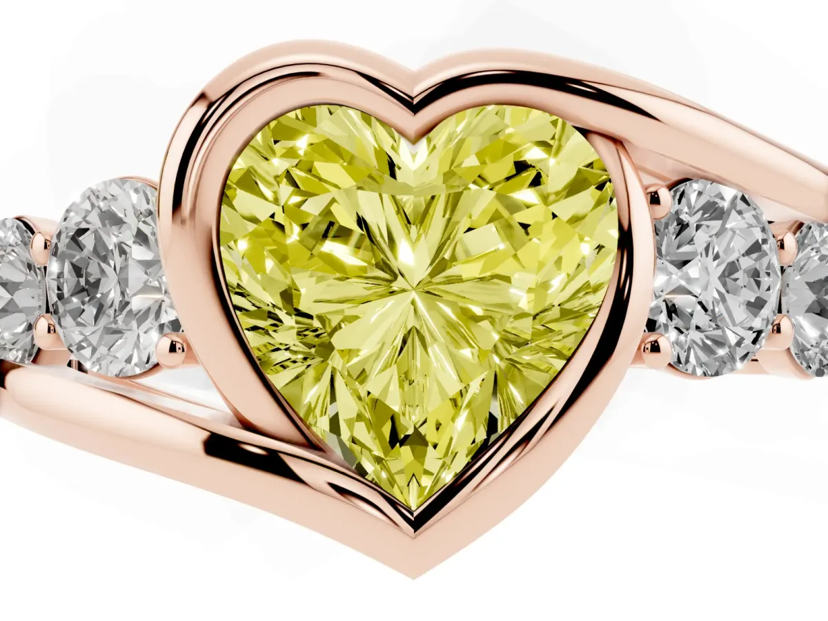 Fancy Yellow Bezel Set Heart Cut Diamond Bypass Ring with Round Accents Rose gold