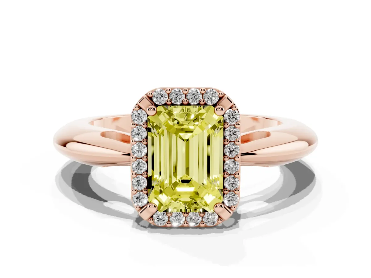 Fancy Yellow Emerald Cut Cut Diamond Halo Engagement Ring with Split Shank and Four-Prong Setting Rose gold