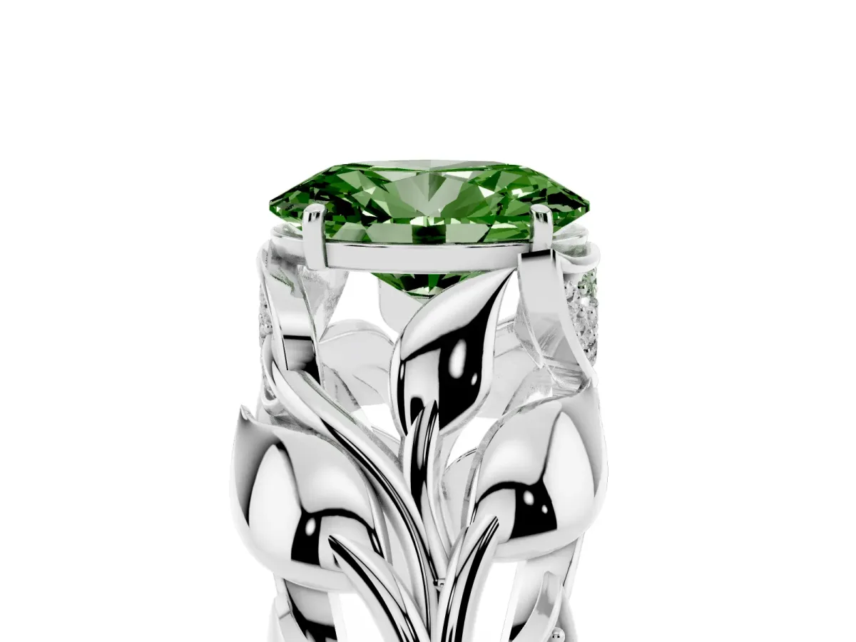 Fancy Green Oval Cut Diamond Leaf-Inspired Engagement Ring with Round Accents and Prong Setting Silver