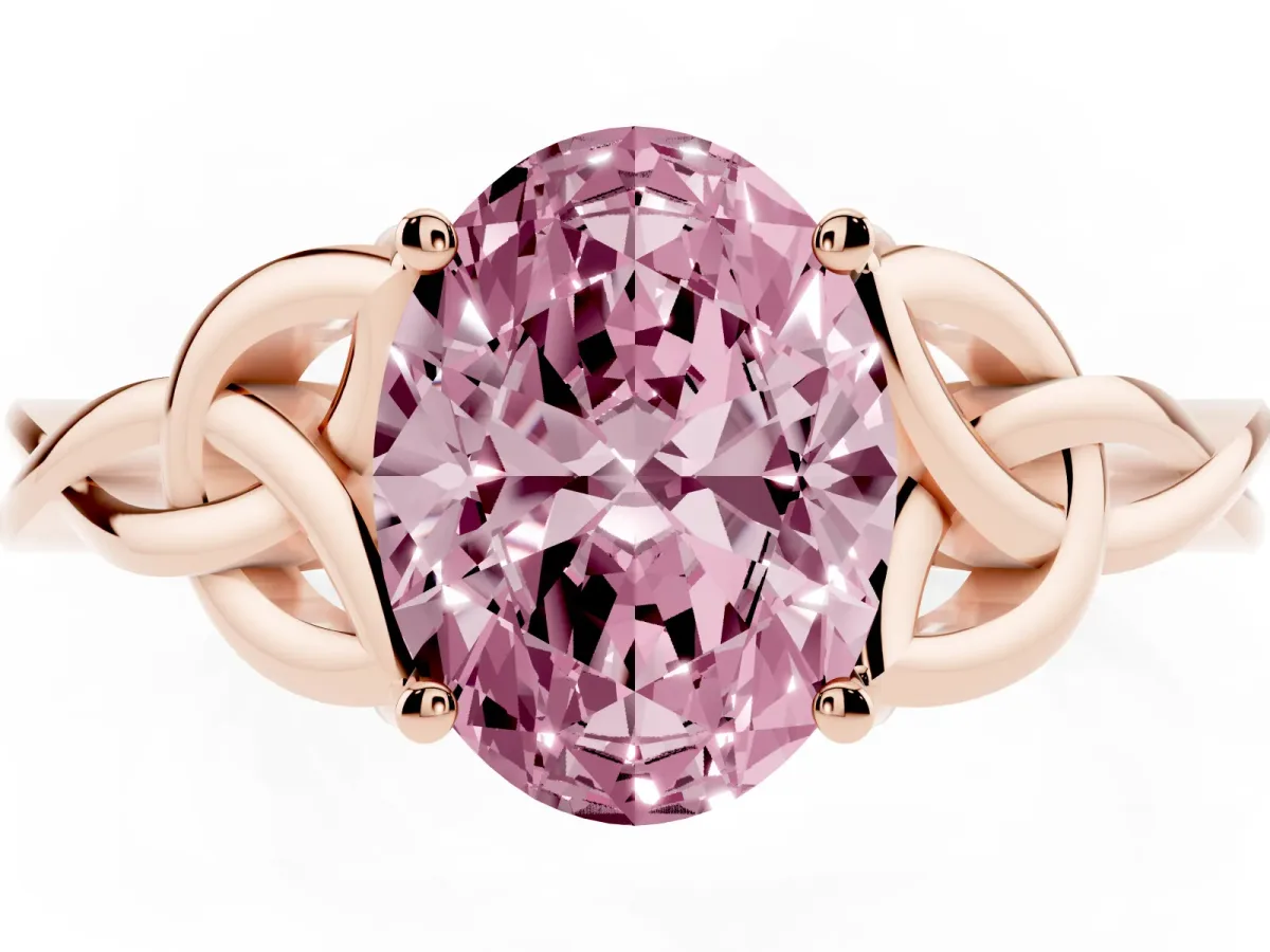 Fancy Pink Oval Cut Diamond Solitaire Engagement Ring with Celtic Knot Band and Four-Prong Setting Rose gold