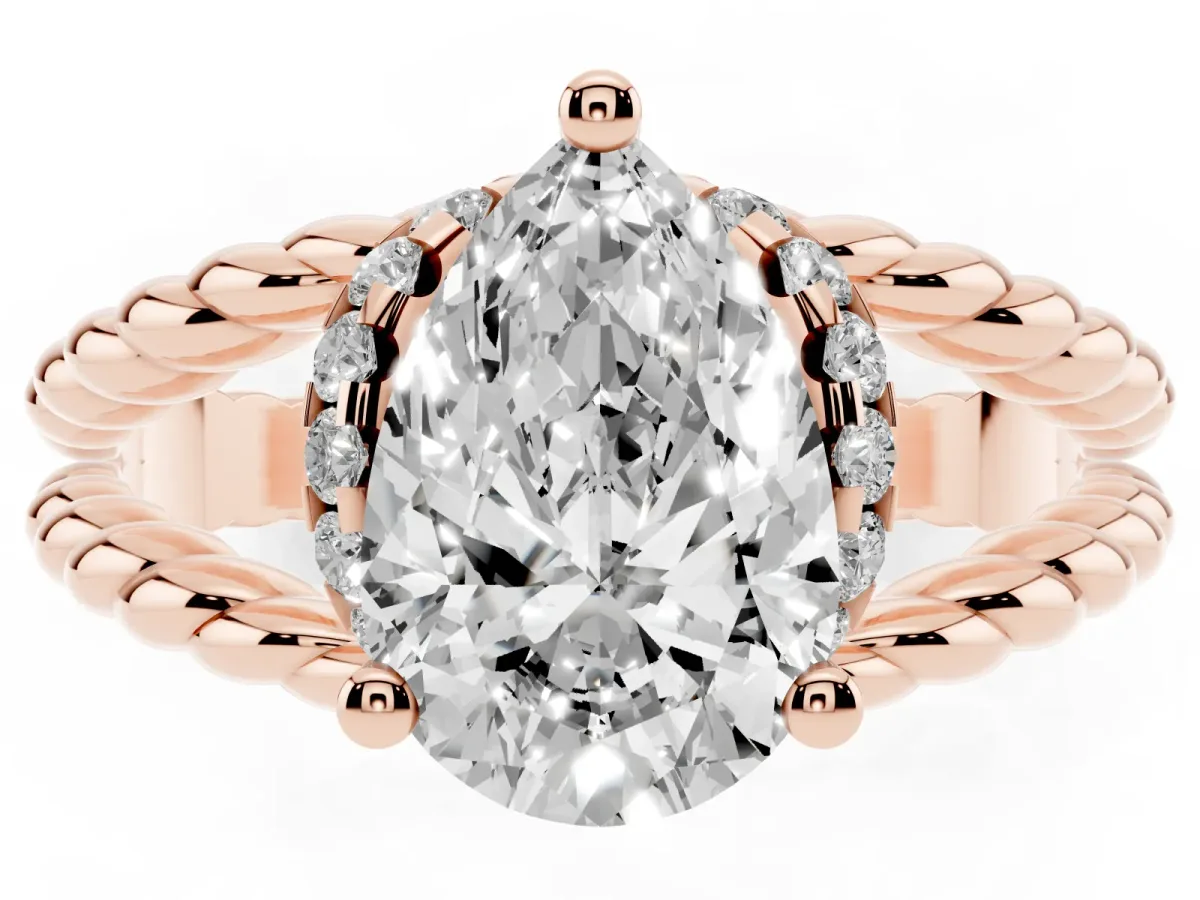 Pear Cut Halo Twisted Band Four-Prong Ring Rose gold