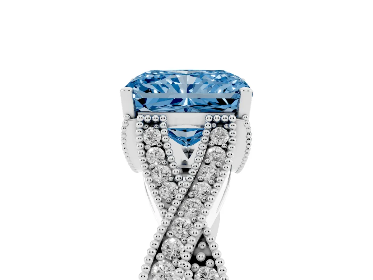 Fancy Blue Radiant Cut Cut Diamond Twisted Band with Milgrain Pave Setting and Four-Prong Setting Silver