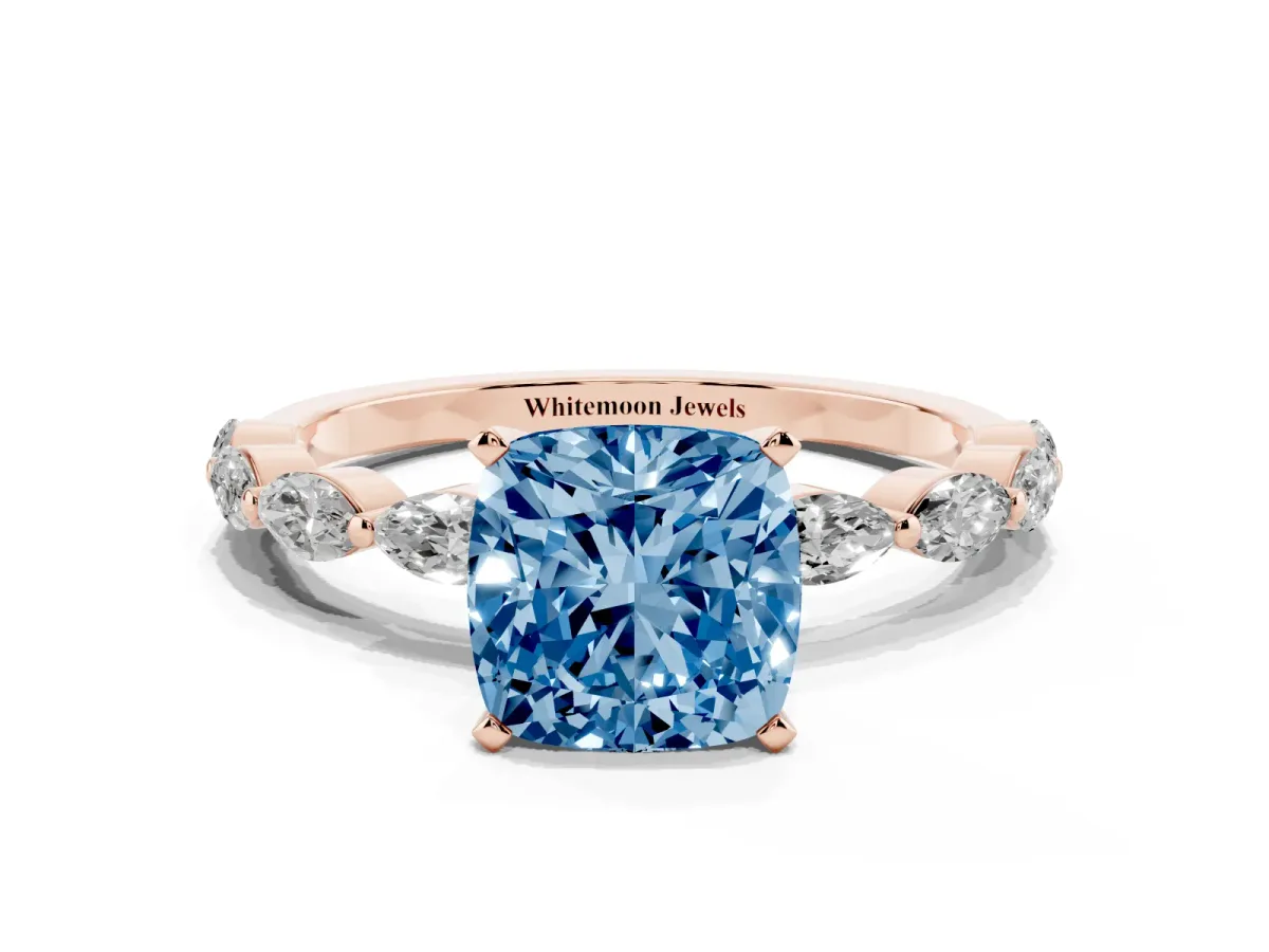 Fancy Blue Cushion Cut Diamond Ring with Marquise Side Stones and Prong Setting Rose gold