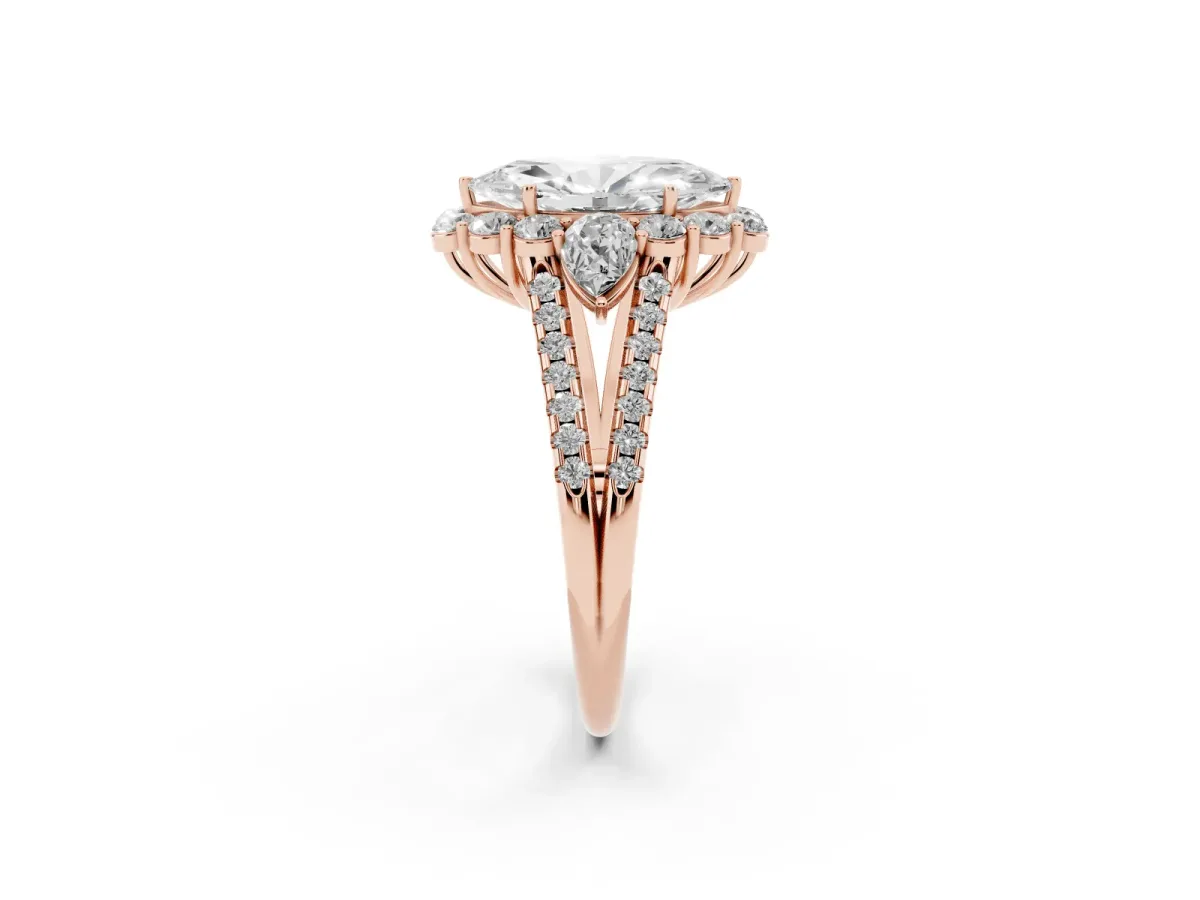 Marquise Cut Halo Split Shank Diamond Engagement Ring with Prong Setting Rose gold