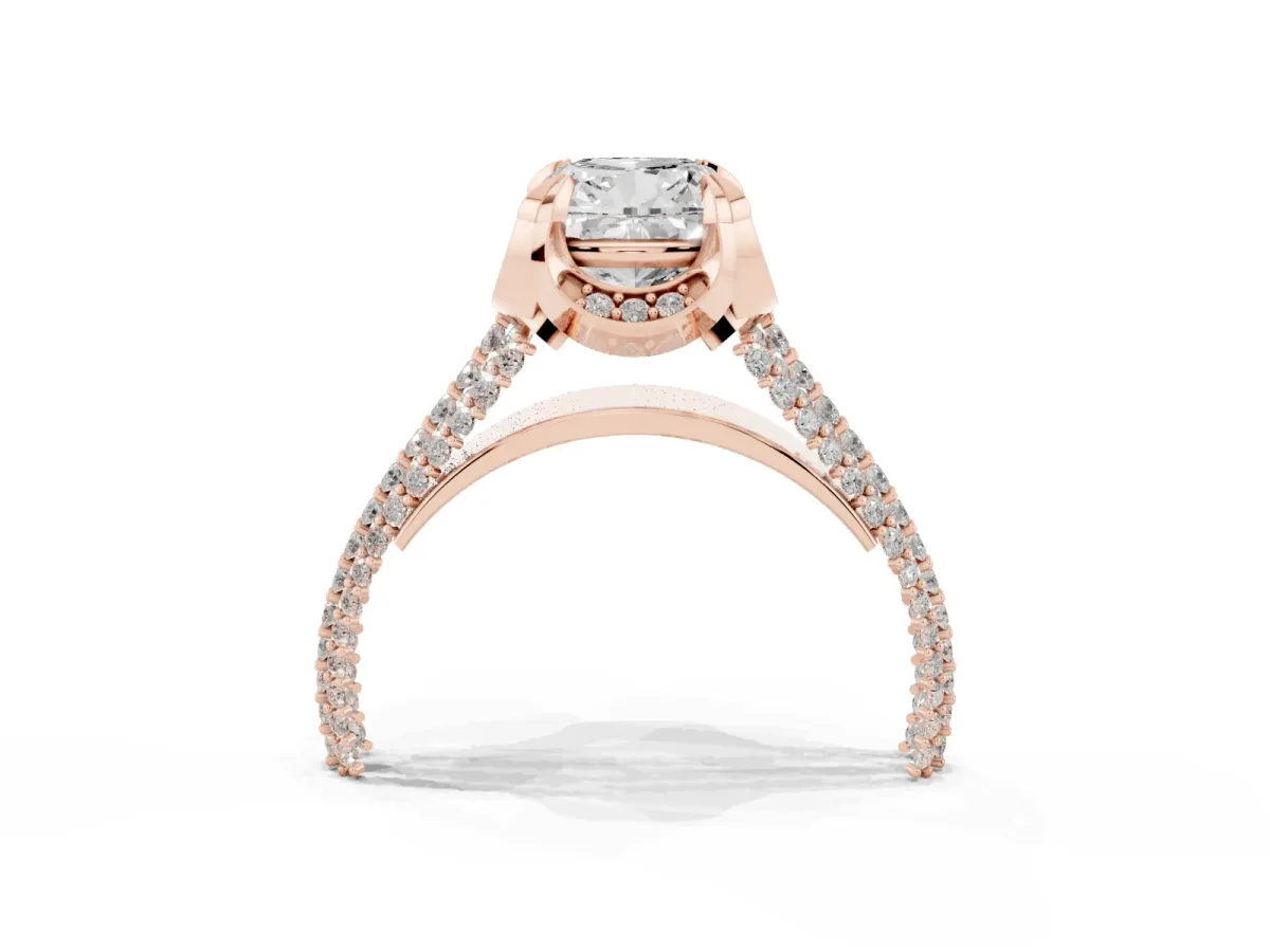Cushion Cut Solitaire Pave Split Shank Ring with Four-Prong Setting Rose gold