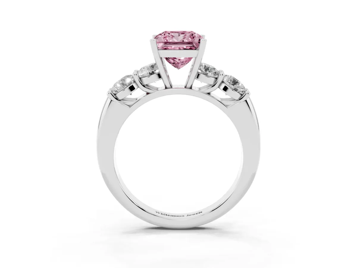 Fancy Pink Princess Cut Cut Five-Stone Prong Set Diamond Ring with Classic Band Silver