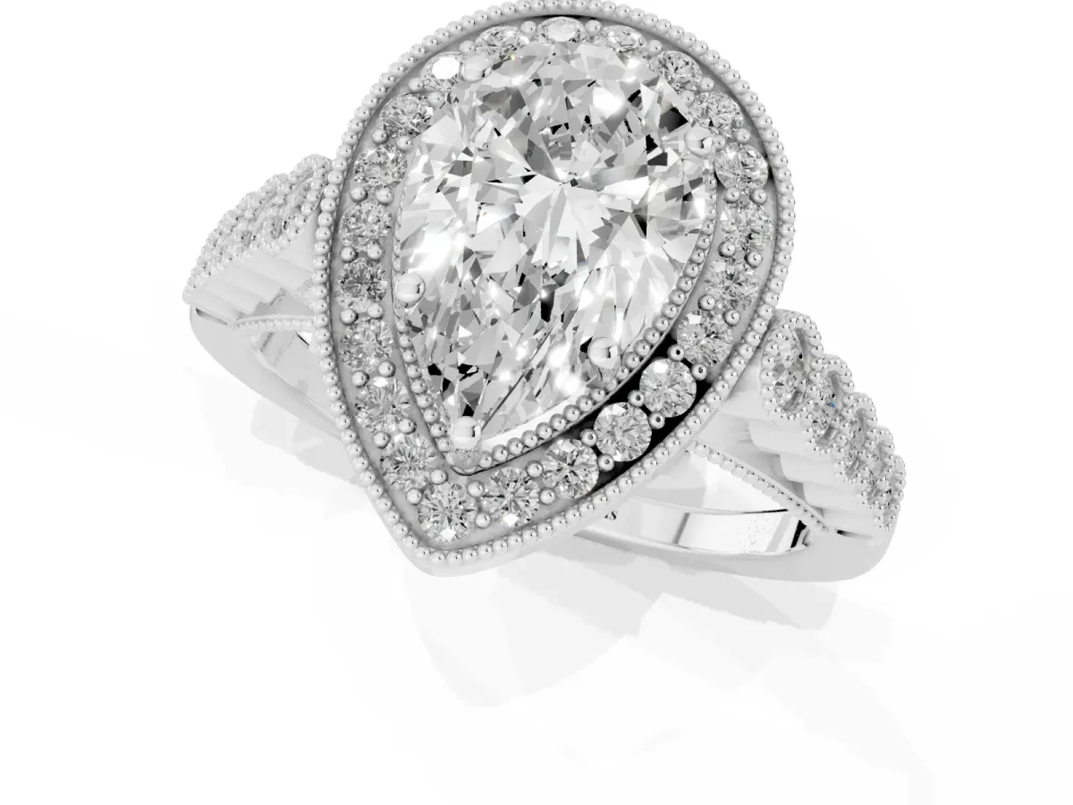 Pear Cut Halo Milgrain Solitaire with Bezel Set Side Stones and Pave Band White gold