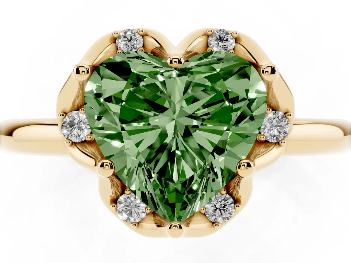 Fancy Green Heart Cut Halo Diamond Ring with Round Cluster Setting, Solitaire Band, and Four-Prong Setting Yellow gold
