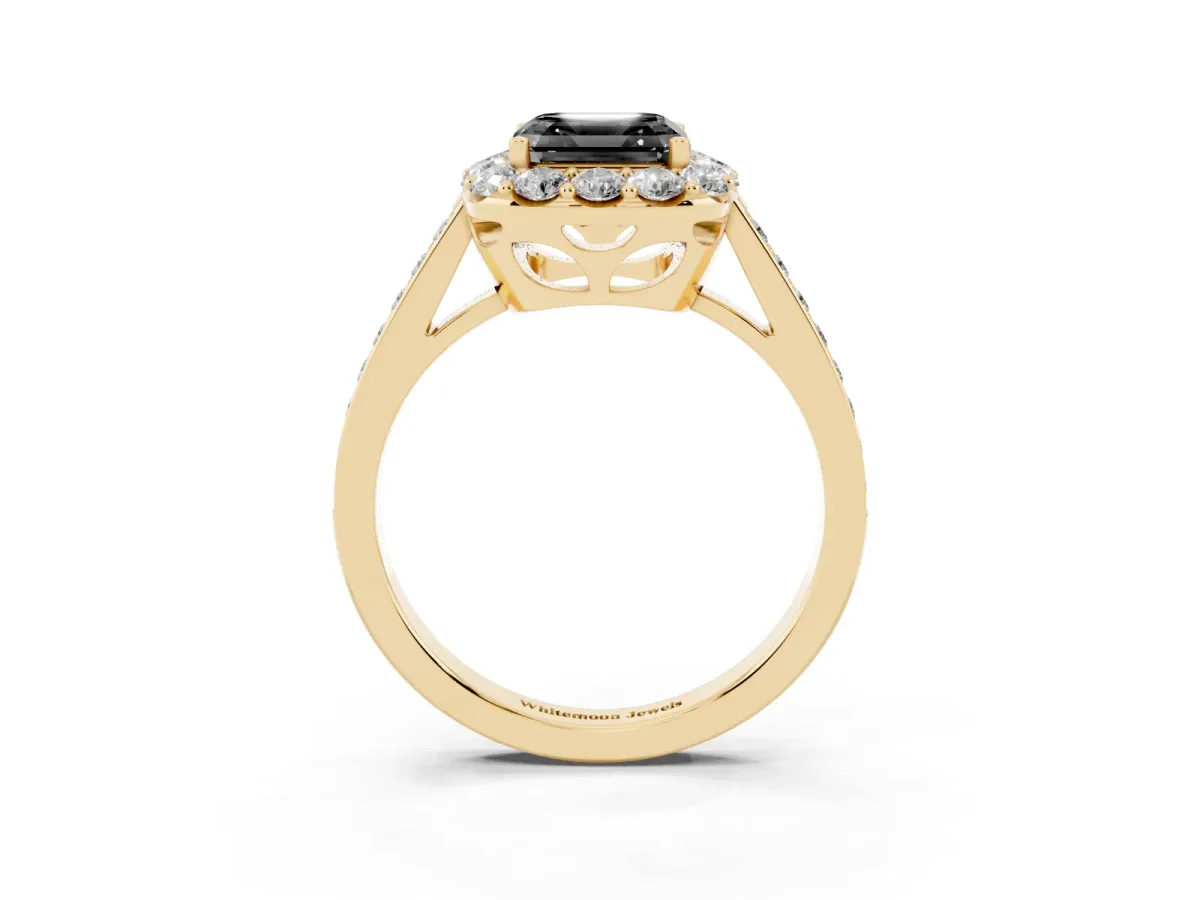 Fancy Black Asscher Cut Diamond Floral Halo Ring with Pavé Band and Prong Setting Yellow gold
