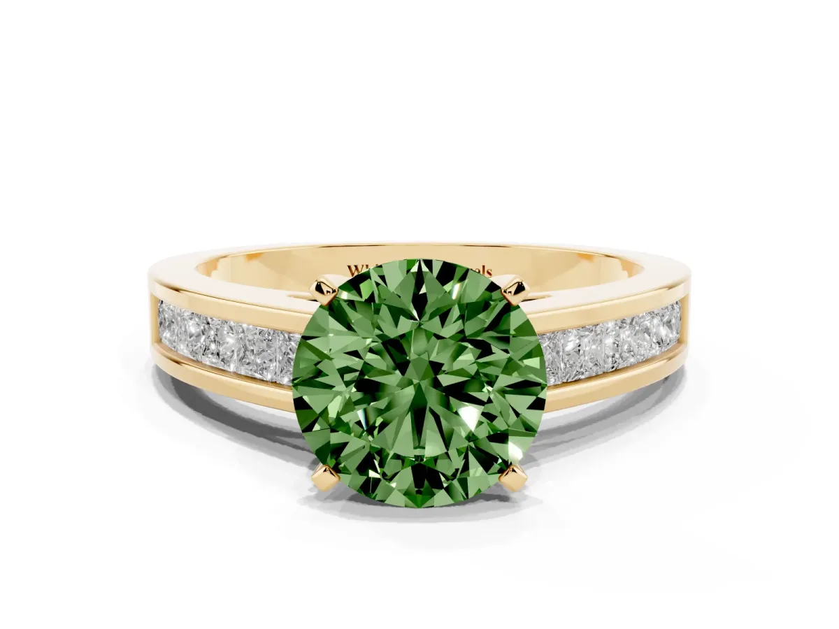 Fancy Green Round Cut Solitaire Diamond Ring with Channel-Set Band and Four-Prong Setting Yellow gold