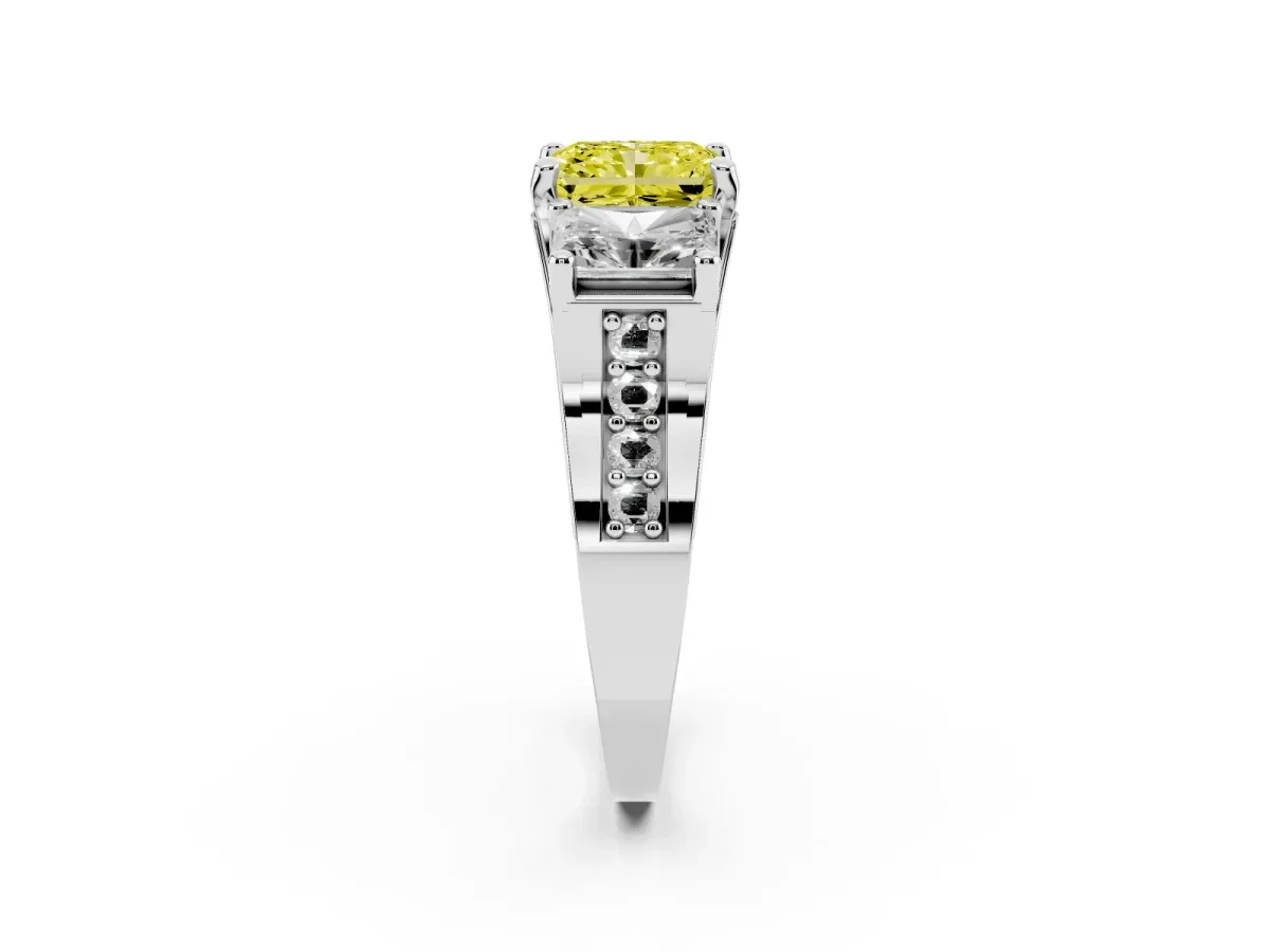 Fancy Yellow Radiant Cut Diamond Three-Stone Ring with Channel Set Band and Four-Prong Setting Silver