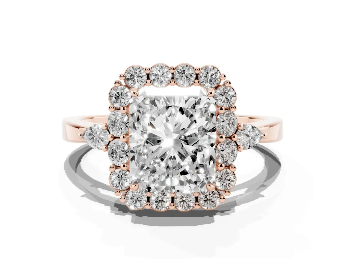 Radiant Cut Diamond Halo Ring with Pear Side Stones and Prong Setting Rose gold