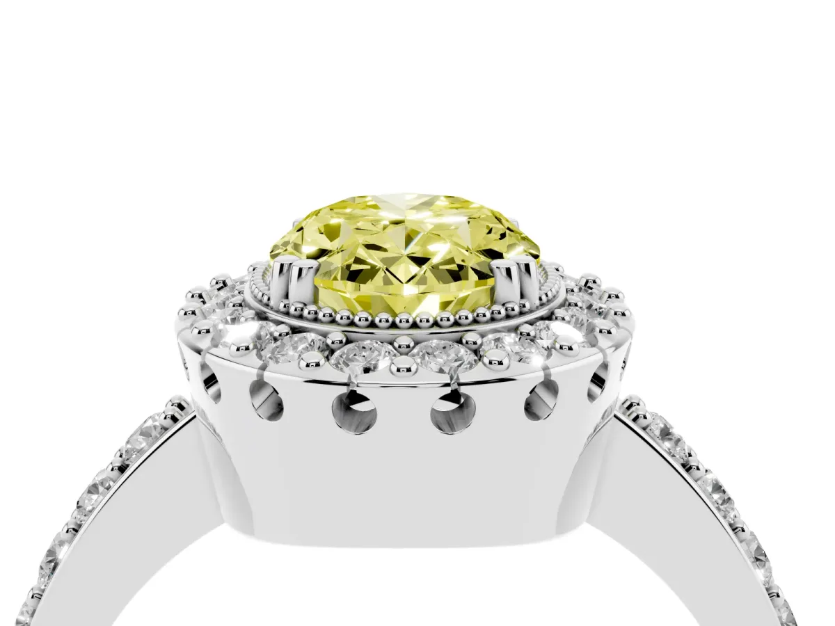 Fancy Yellow Oval Cut Diamond Halo Ring with Pavé Band and Prong Setting Silver