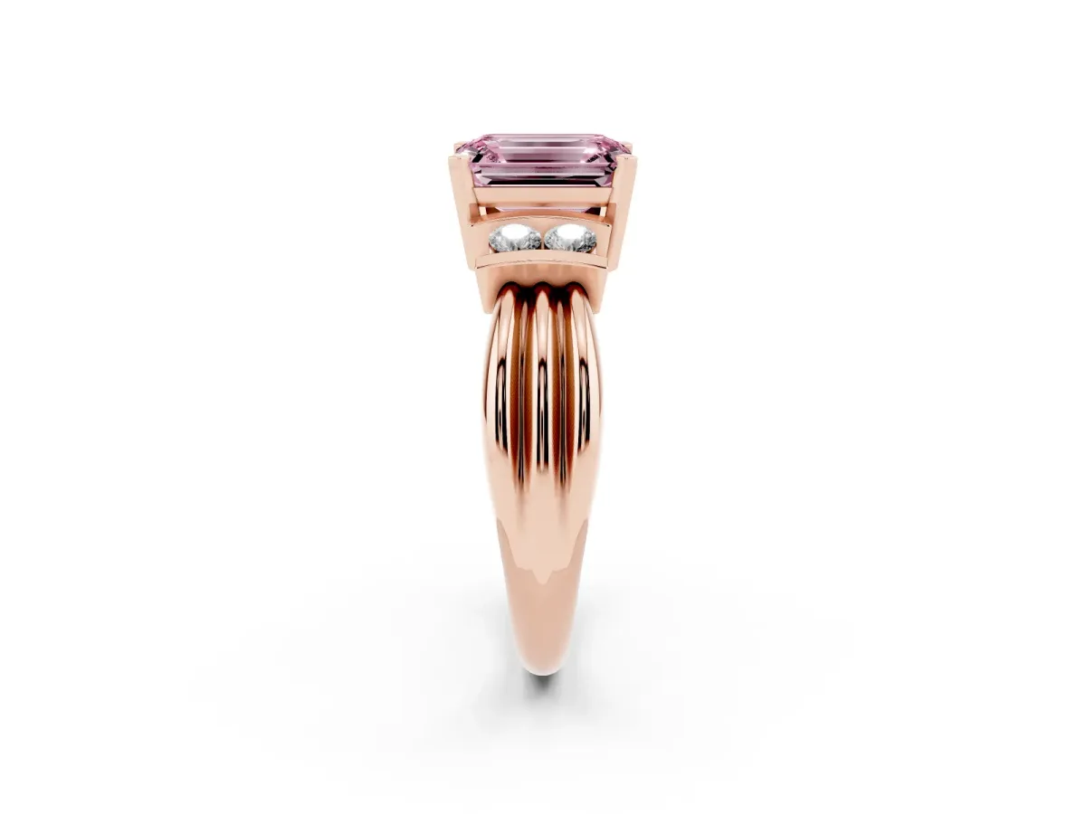 Fancy Pink Emerald Cut Cut Three-Stone Channel Set Ring with Bar Prongs Rose gold