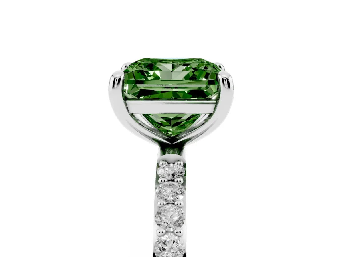 Fancy Green Princess Cut Diamond Solitaire Ring with Round Pavé Band and Prong Setting Silver