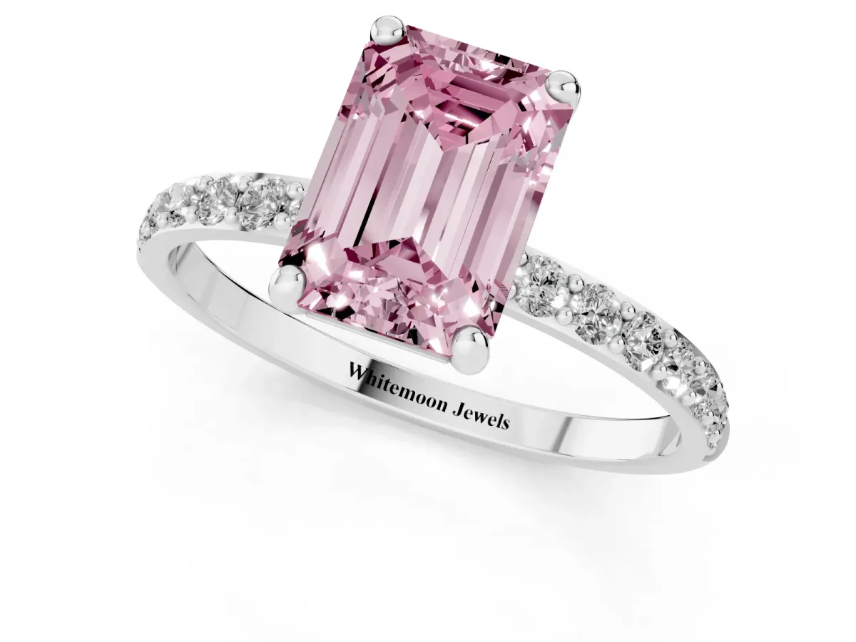 Fancy Pink Emerald Cut Diamond Solitaire Ring with Round Pavé Band and Prong Setting Silver