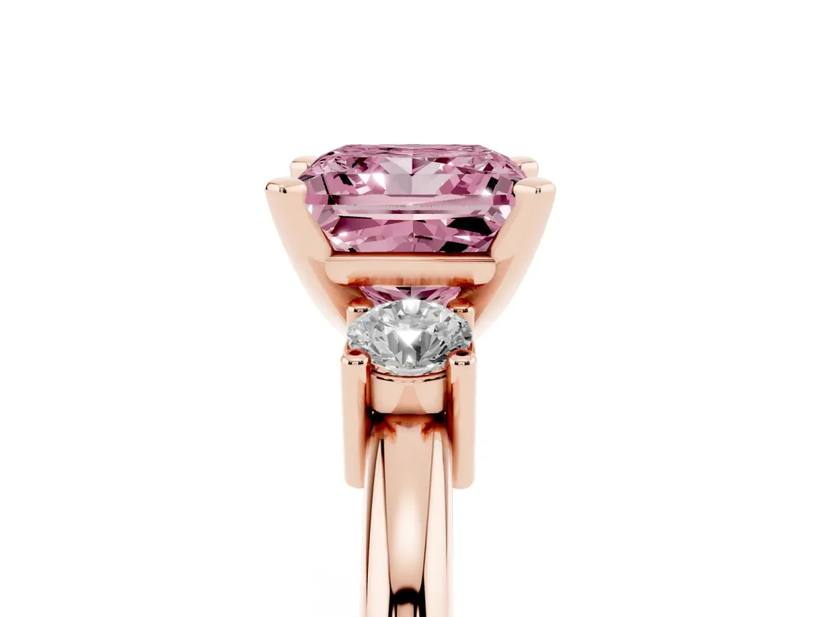Fancy Pink Three-Stone Princess Cut Cut Diamond Solitaire with Prong Setting and Classic Band Rose gold