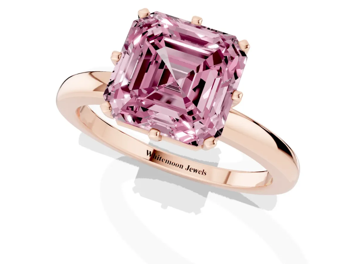 Fancy Pink Asscher Cut Solitaire Diamond Ring with Six-Prong Setting on a Classic Band Rose gold