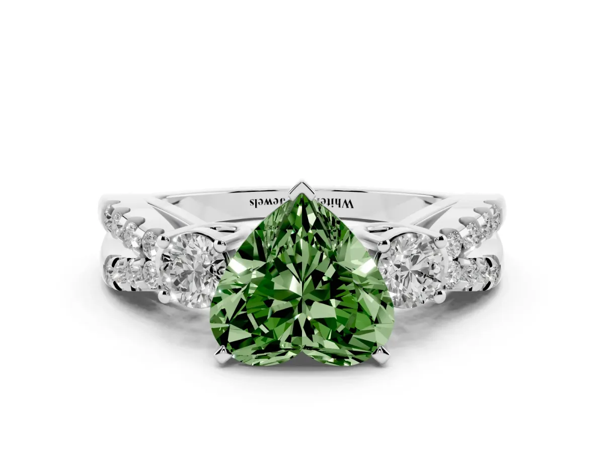 Fancy Green Heart Cut Diamond Three-Stone Ring with Pavé Split Shank and Four-Prong Setting Platinum