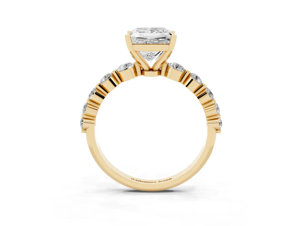 Princess Cut Solitaire Diamond Ring with Pave Band and Four-Prong Setting Yellow gold