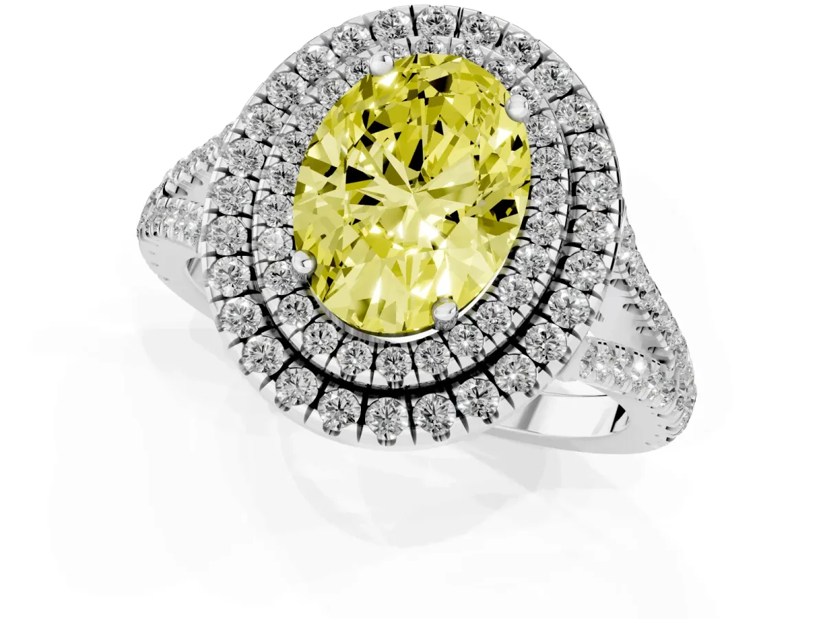 Fancy Yellow Oval Cut Diamond Double Halo Ring with Pavé Band and Prong Setting Platinum