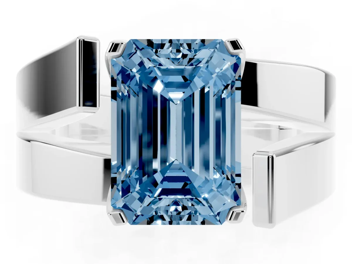 Fancy Blue Modern Tension Set Emerald Cut Diamond Solitaire Wide Band Ring Silver