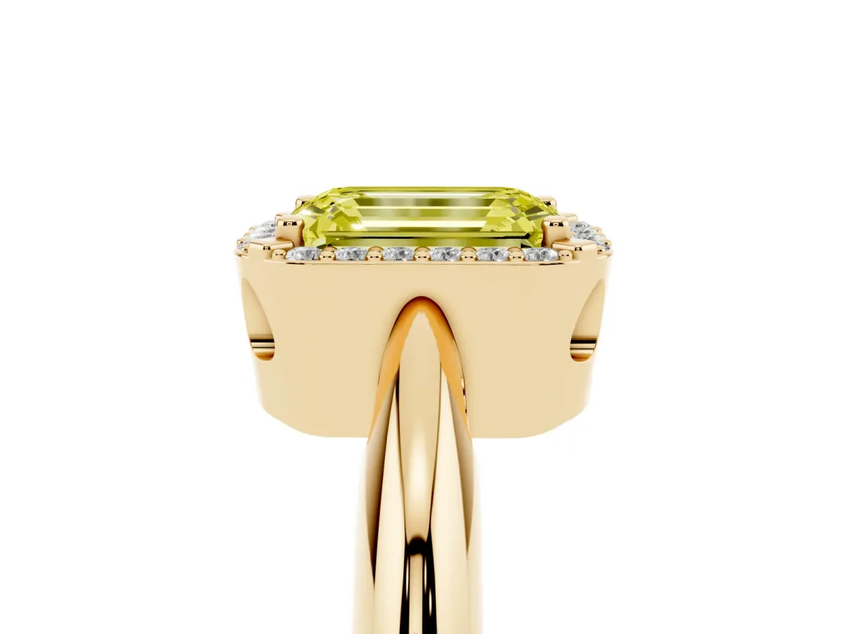 Fancy Yellow Emerald Cut Cut Diamond Halo Engagement Ring with Split Shank and Four-Prong Setting Yellow gold