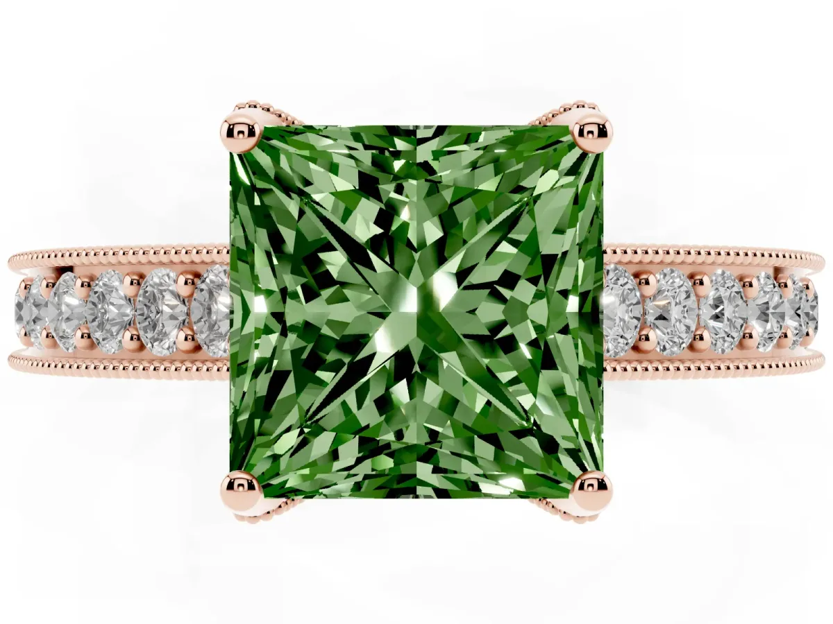 Fancy Green Princess Cut Cut Diamond Solitaire Ring with Milgrain Pave Band and Four Prong Setting Rose gold