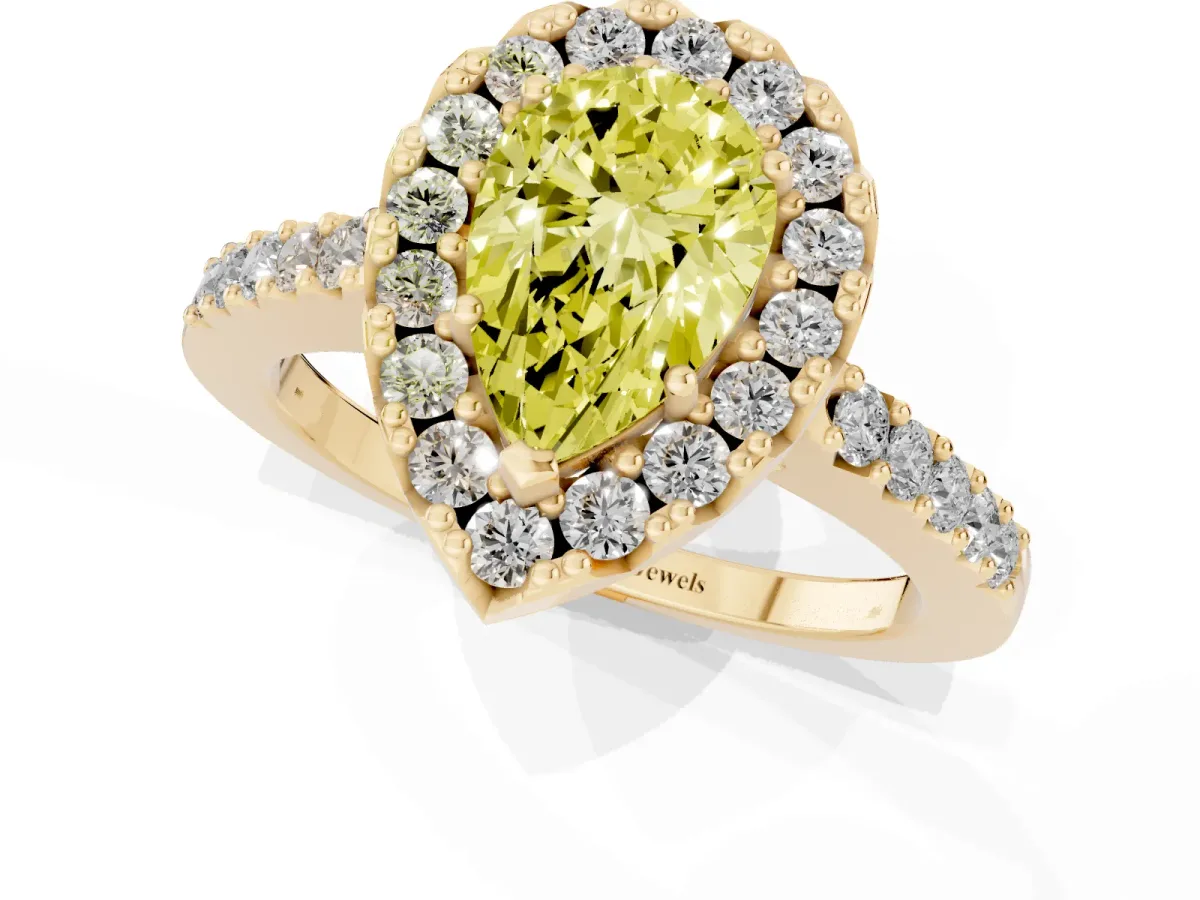 Fancy Yellow Pear Cut Halo Diamond Pavé Solitaire Ring Yellow gold