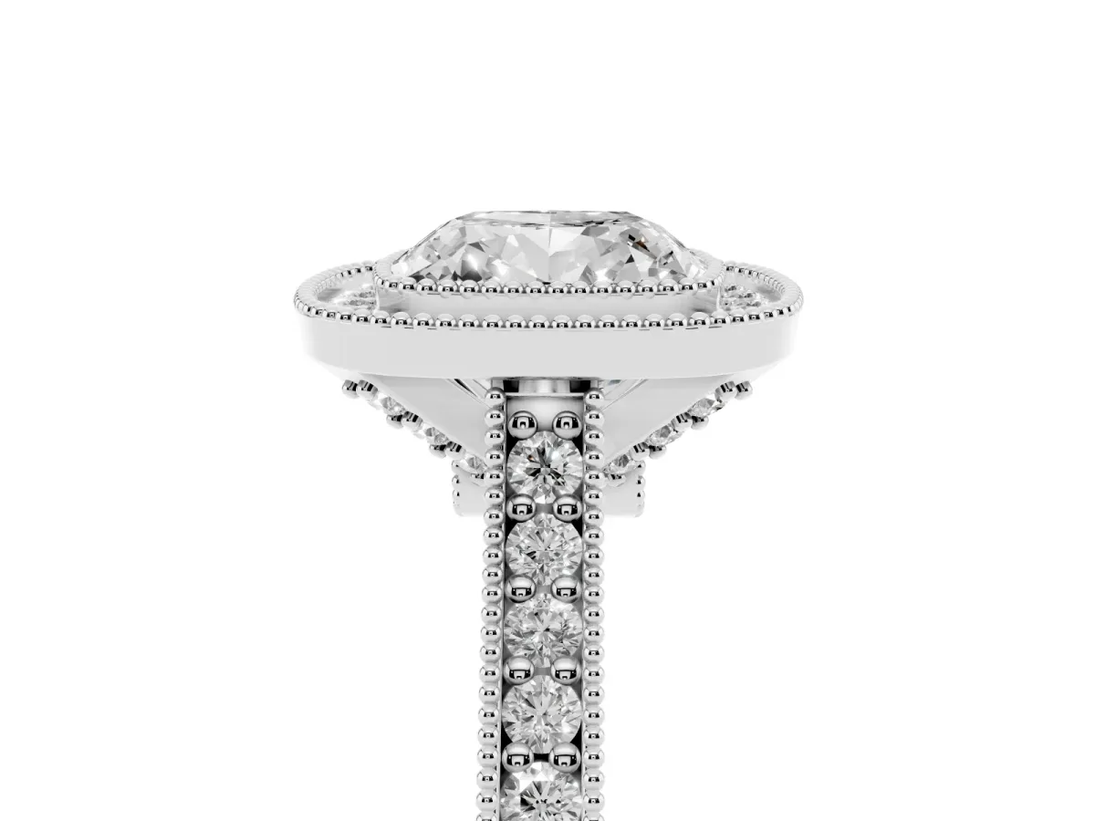 Halo Cushion Cut-Cut Diamond Pave Band Milgrain Prong Setting Ring Silver
