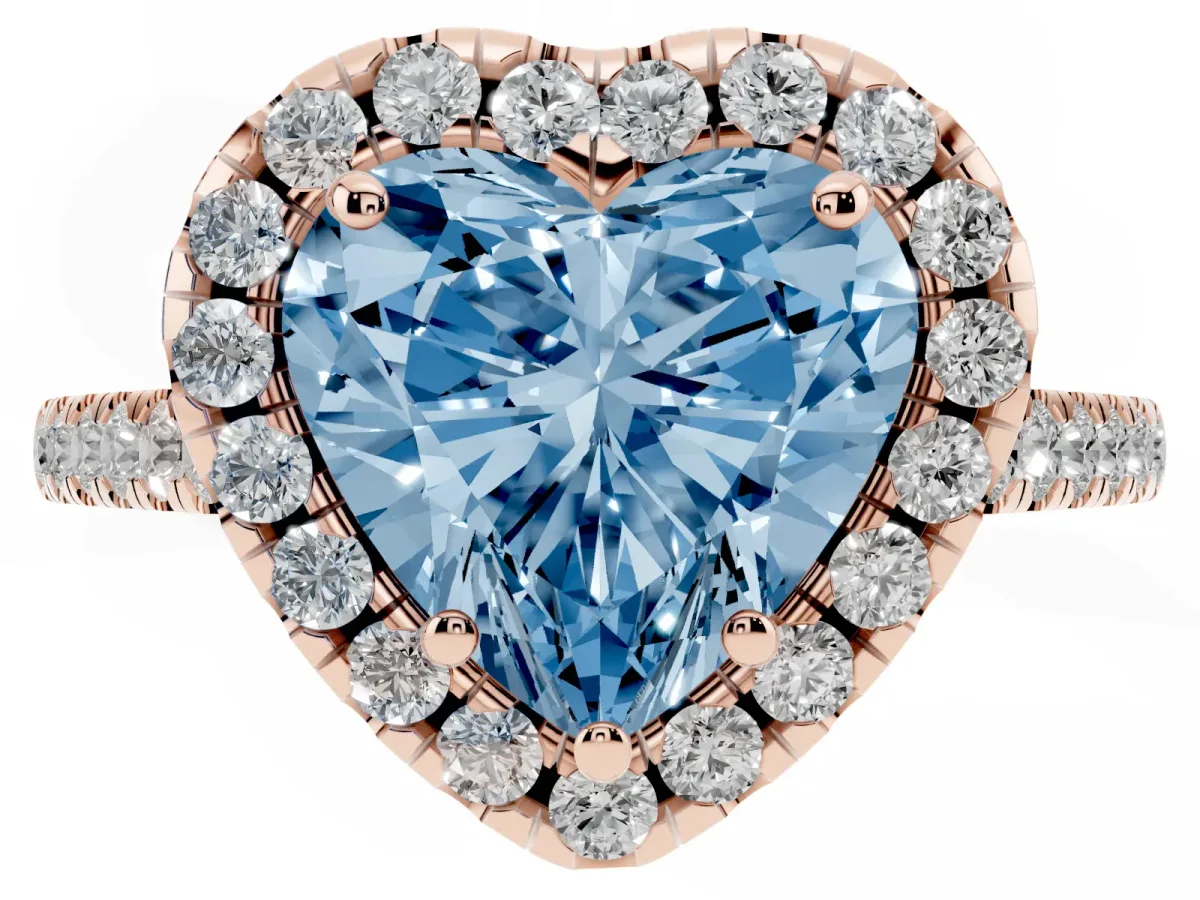 Fancy Blue Heart Cut Halo Pavé Diamond Engagement Ring with Four-Prong Setting Rose gold