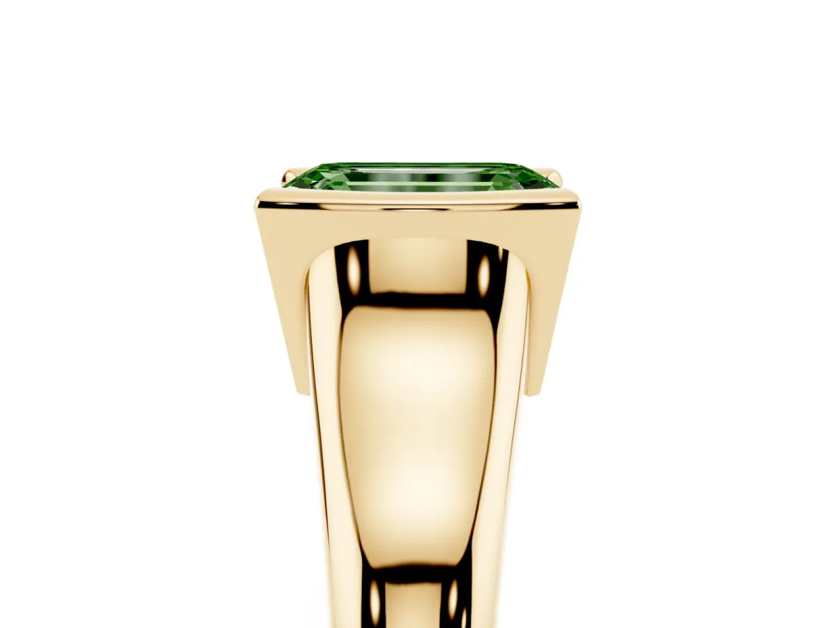 Fancy Green Emerald Cut Solitaire Tension Set Diamond Ring with Split Shank Band Yellow gold