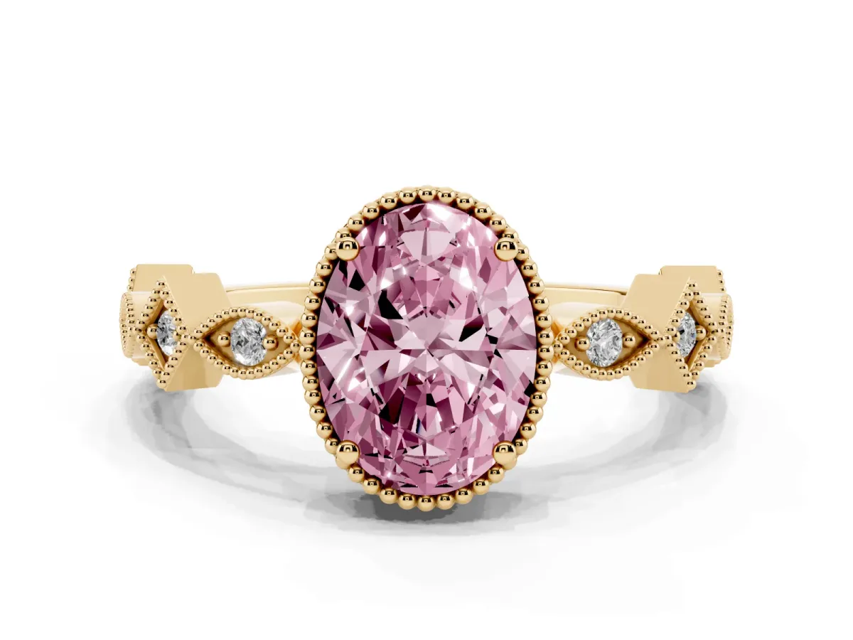 Fancy Pink Oval Cut Milgrain Marquise Diamond Twist Band Ring Yellow gold