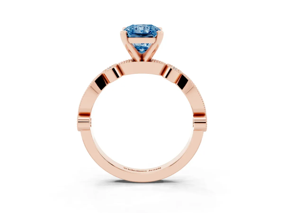 Fancy Blue Radiant Cut Milgrain Bezel Diamond Engagement Ring with Solitaire Prong Setting Rose gold