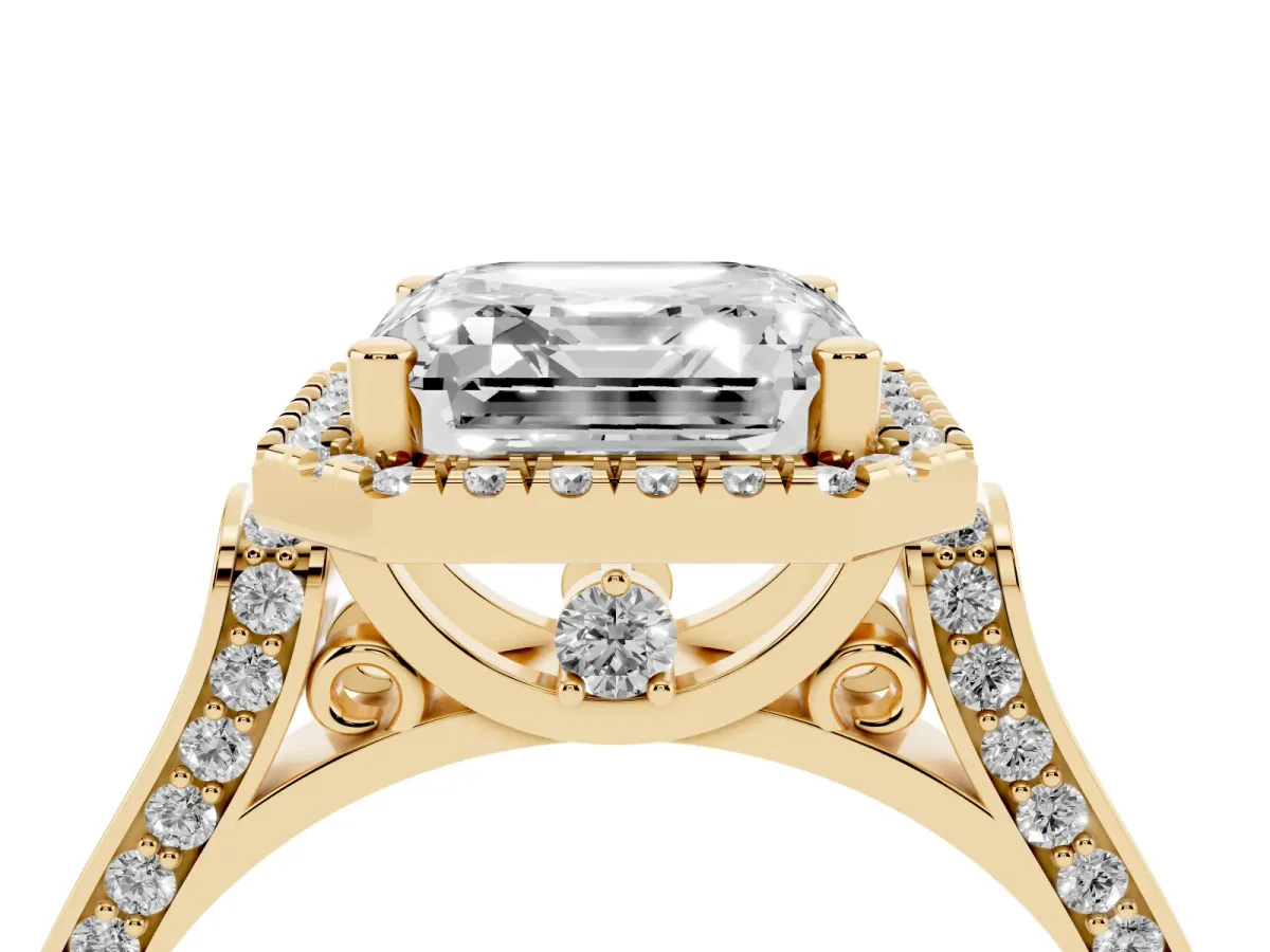 Asscher Cut Halo Pave Split Shank Prong Setting Ring Yellow gold