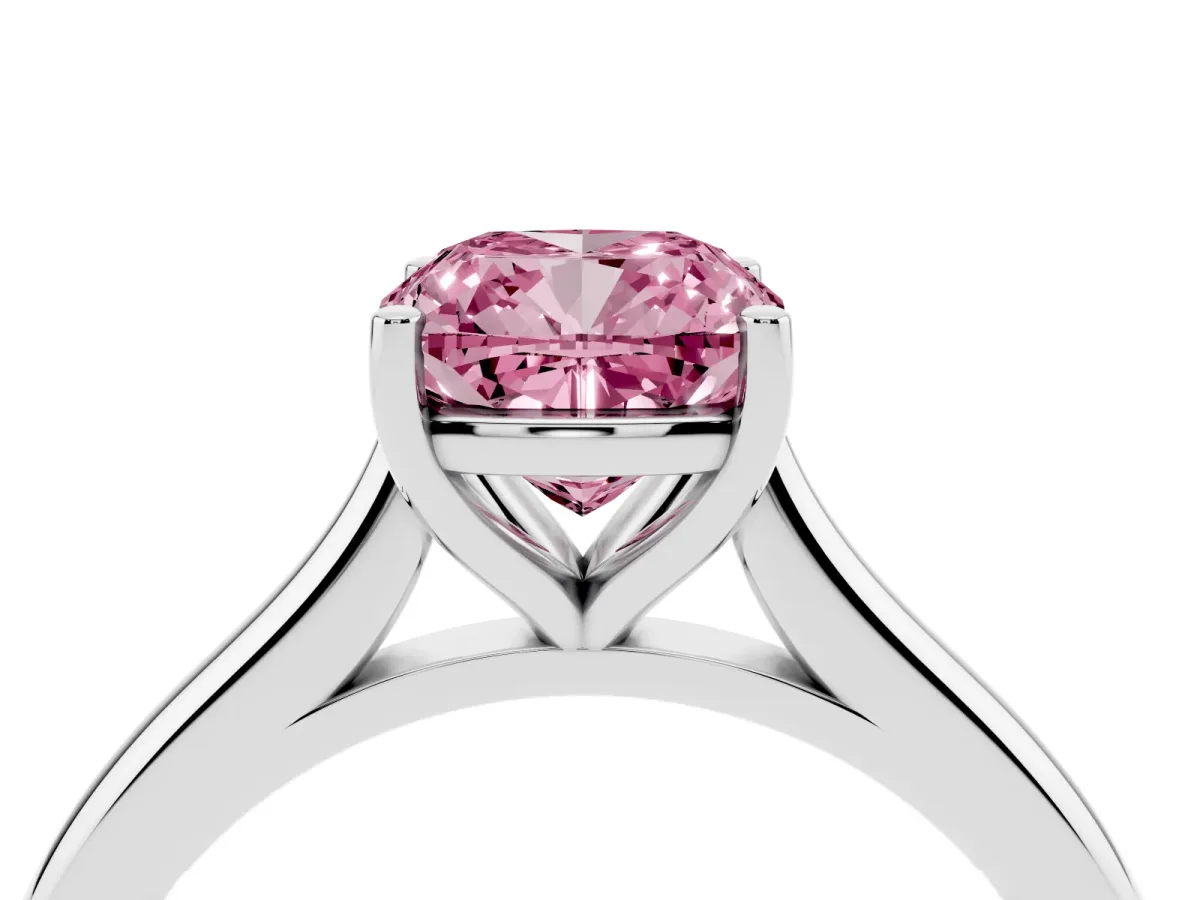 Fancy Pink Cushion Cut Cut Solitaire Ring with Cathedral Band and Four-Prong Setting Silver
